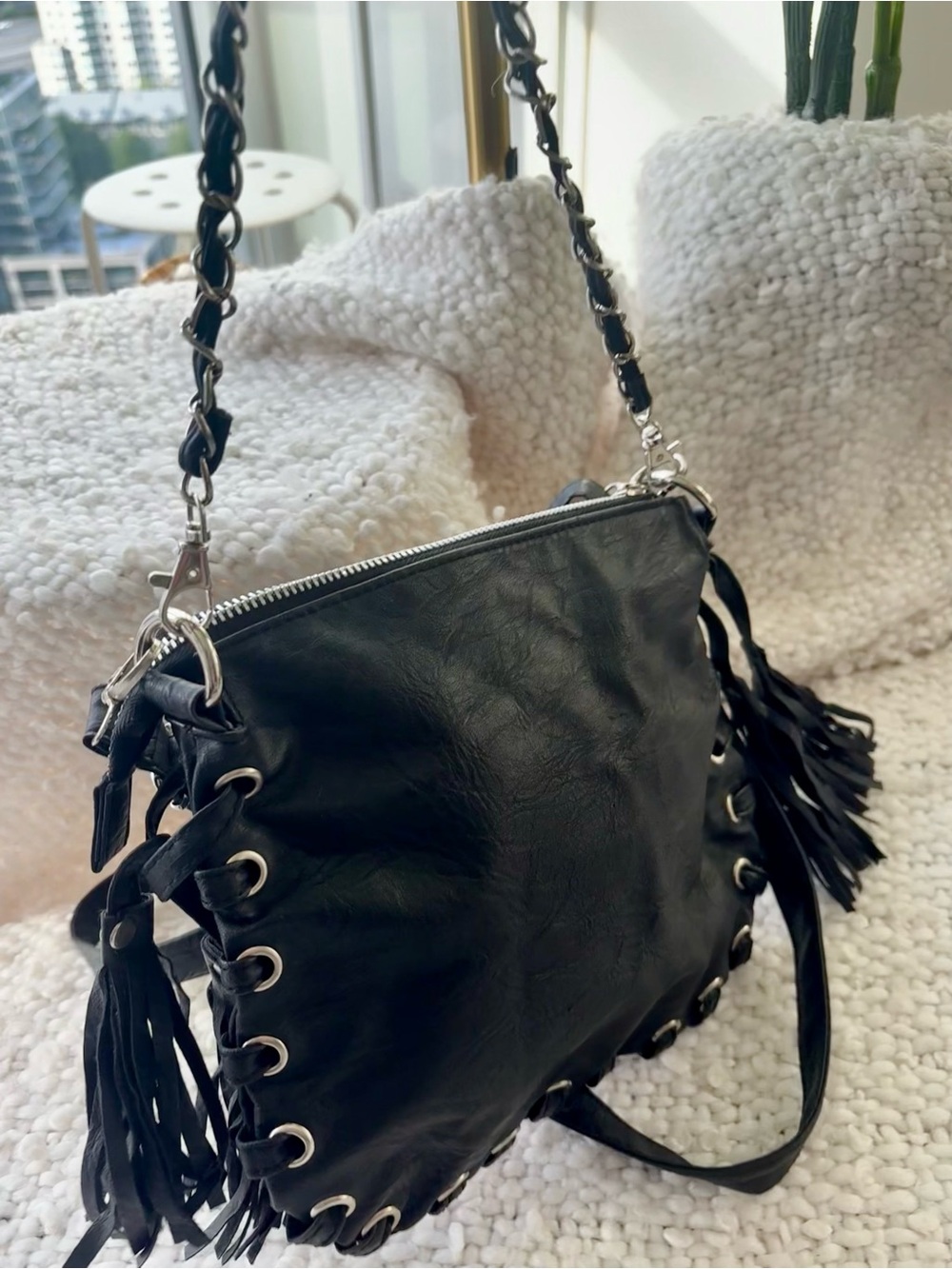 Y2K Black Moto Shoulder Bag Grommet Lace Up Fringe Tassel Chain Purse